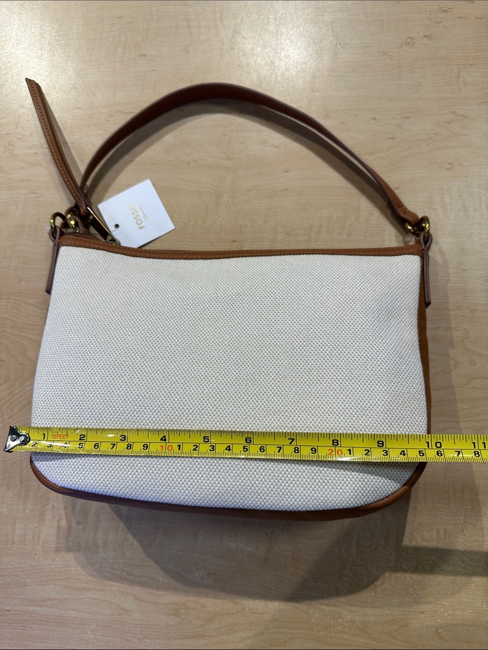 Fossil Cream Canvas Shoulder Bag with Brown Leather Trim - Picture 5 of 6